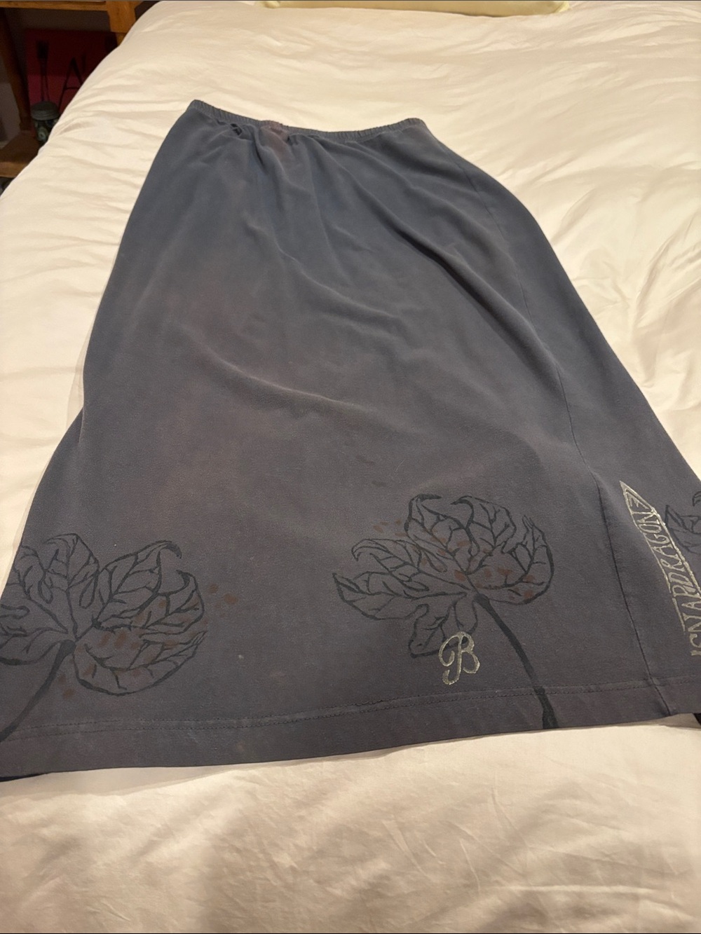 Womens Blue Fish Hand Painted Floral A-Line Skirt - Washed Black Vintage